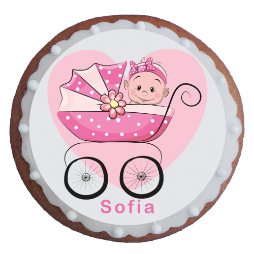 Turta dulce bebelus roz in carucior botez